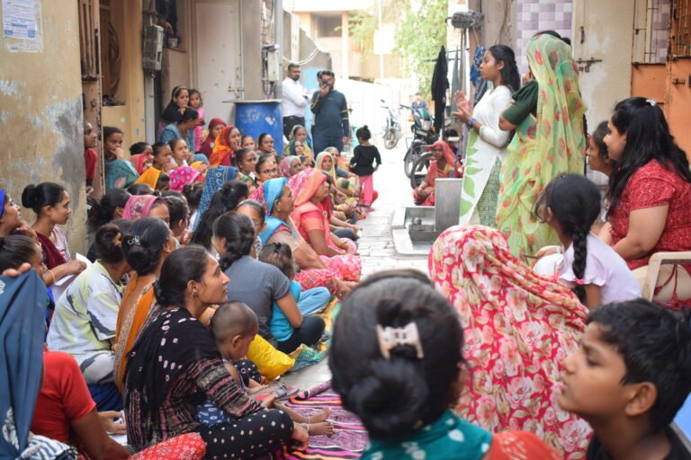 Women at the sanitary pad drive in Ranuja Nagar, Ahmedabad